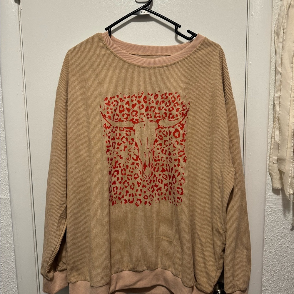 Tan Corduroy Sweatshirt with Red Bull Skull Design